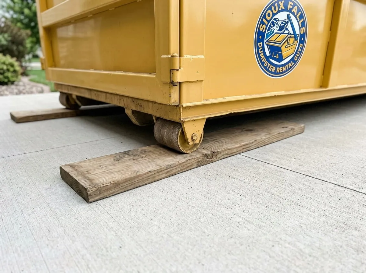 Close-up of a roll-off container wheel resting on a timber driveway board