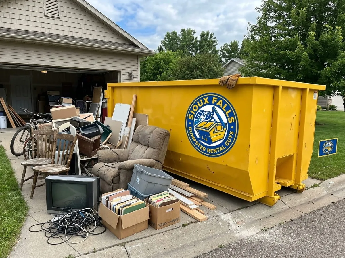 Driveway property clearance with furniture beside a roll-off container