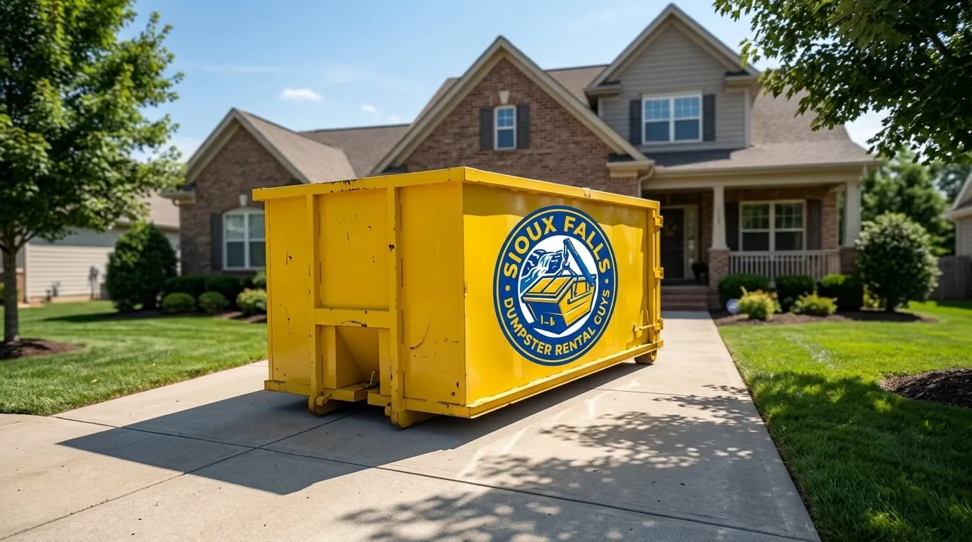 Roll-off dumpster on a driveway at a brick home in Sioux Falls, South Dakota