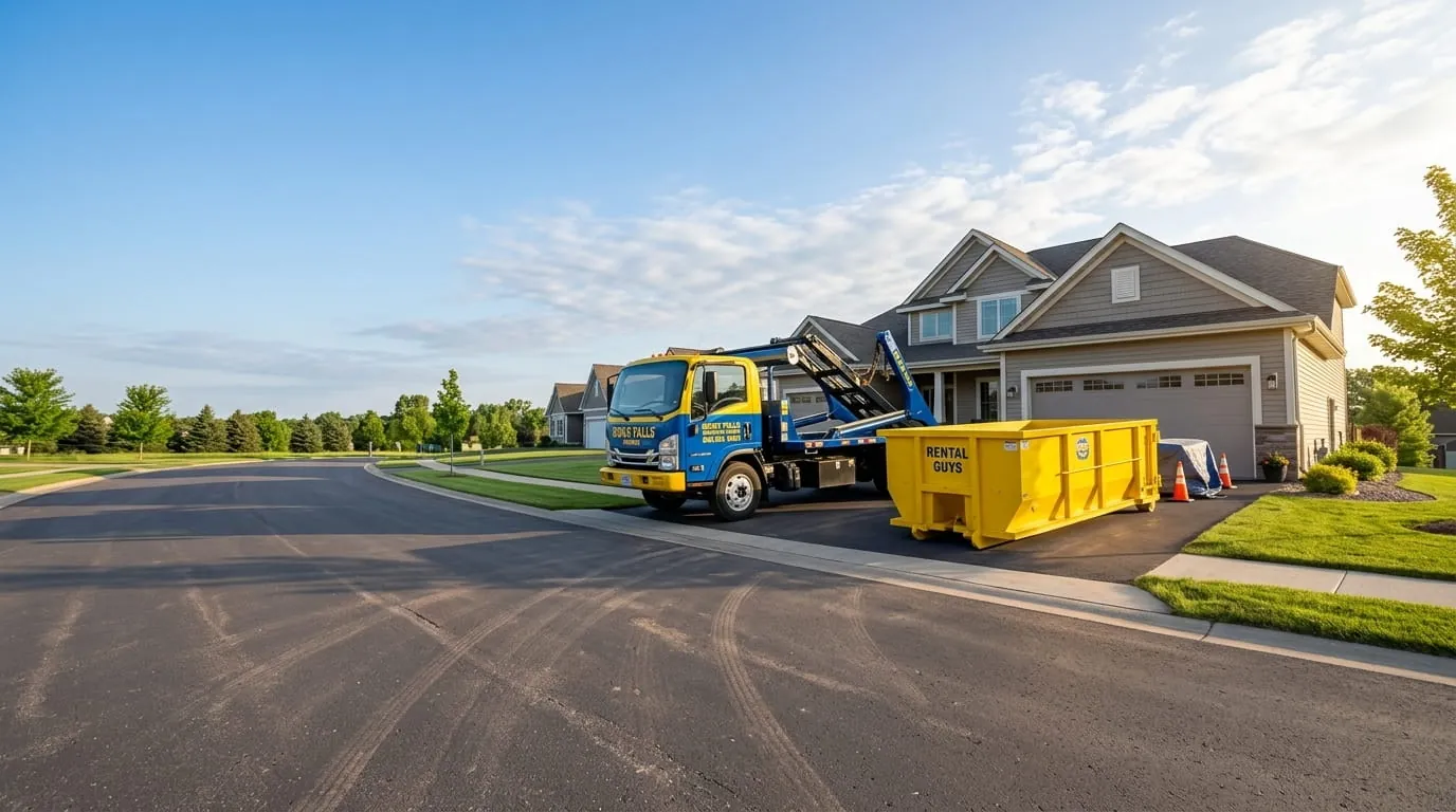 Roll-off truck and container on a suburban Sioux Falls street Roll-off truck and container on a suburban Sioux Falls street